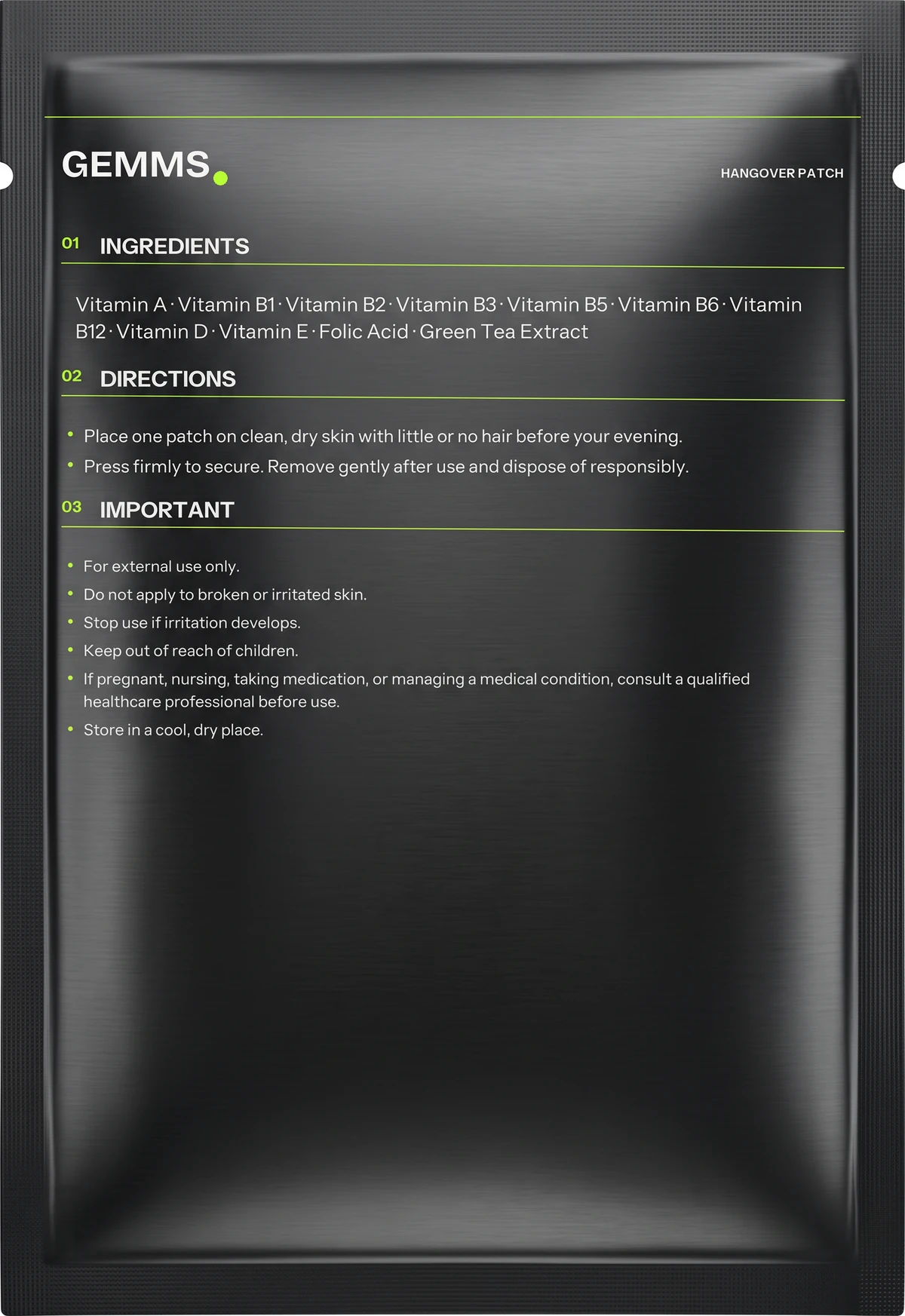 Metallic black Gemms pouch back with ingredients and directions