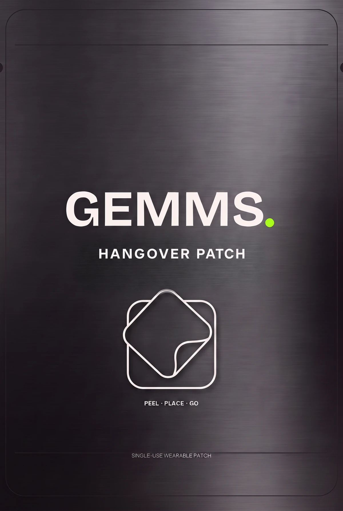 Metallic black Gemms pouch front with white logo and green period